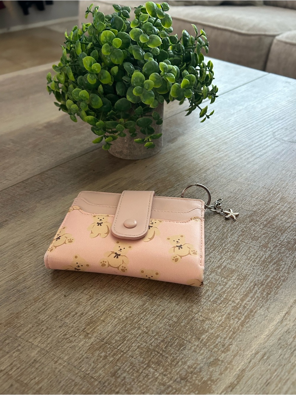 Pink Teddy Print Snap Wallet with Keyring